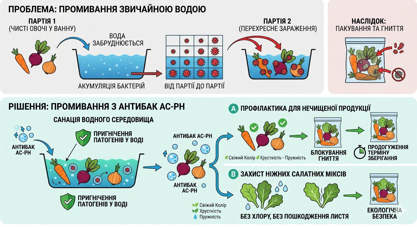 Миття овочів у промислових масштабах приховує небезпеку. На зображенні наочно показано різницю між двома підходами.Згори (Проблема): При використанні звичайної води патогени накопичуються від партії до партії. Як наслідок, чисті овочі з першої партії забруднюють воду, що призводить до крос-контамінації другої партії. Кінцевий результат — псування продукції та гниття.Знизу (Рішення з Антибак АС-РН): Наш метод передбачає санацію водного середовища та пригнічення патогенів у воді. Це дозволяє уникнути перехресного зараження. Ми пропонуємо два шляхи: профілактику для цілих овочів (блокування гниття та продовження терміну) та захист ніжних салатних міксів (збереження свіжості без хлору). Ви обираєте безпеку та якість