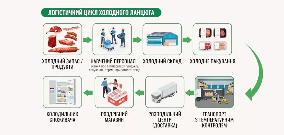 Схема логістичного циклу холодного ланцюга для м'ясопродуктів, розроблена ІФТ